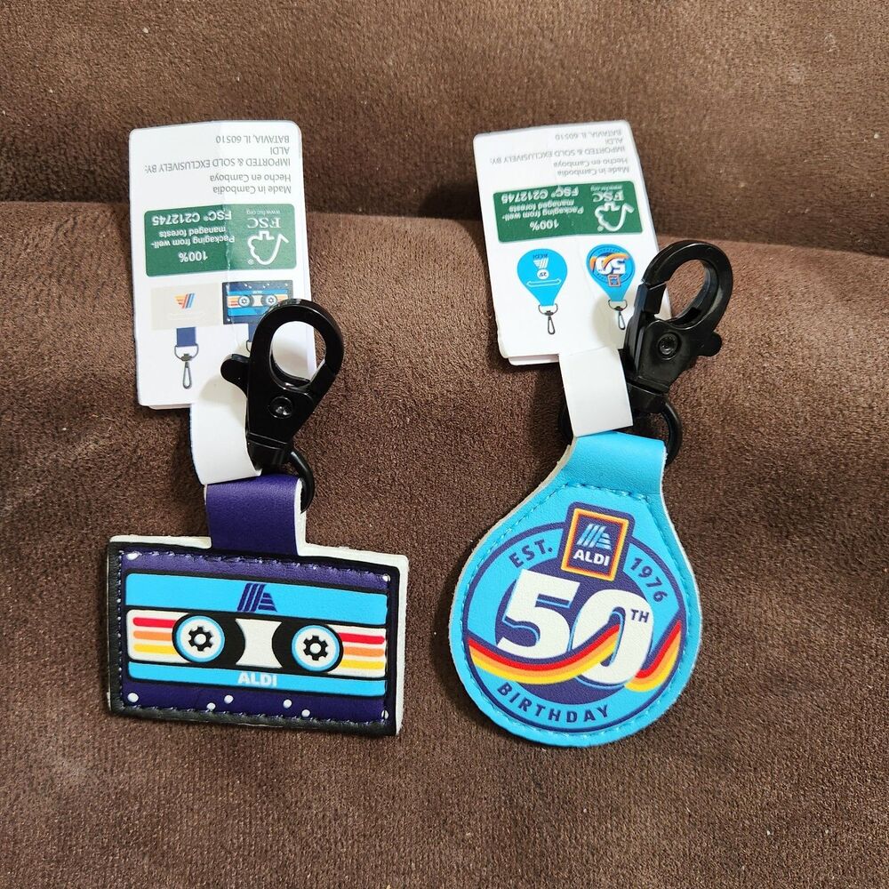 2 New Aldi Keychain Quarter Holder Keeper Clip 50th Blue  & Retro Cassette Tape